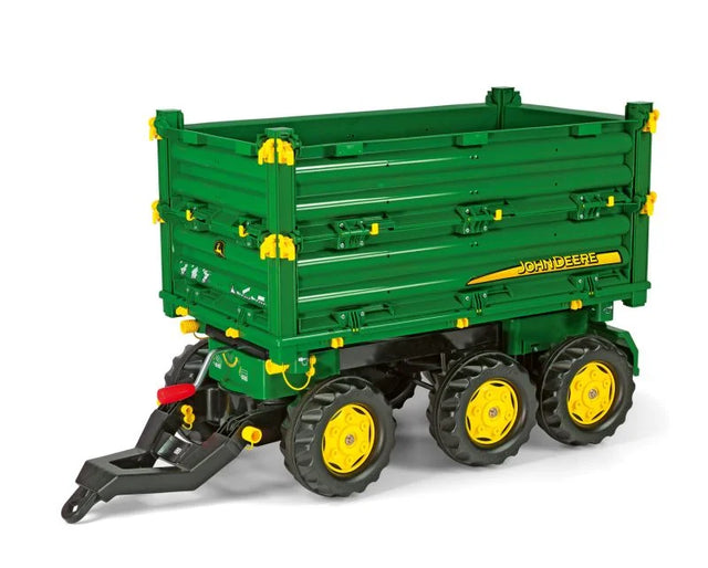Green Rolly Multi Trailer John Deere with three axles and foldable side panels shown on a white background.