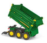 Rolly Multi Trailer John Deere shown tipping its green three sided bed using the threaded crank mechanism.