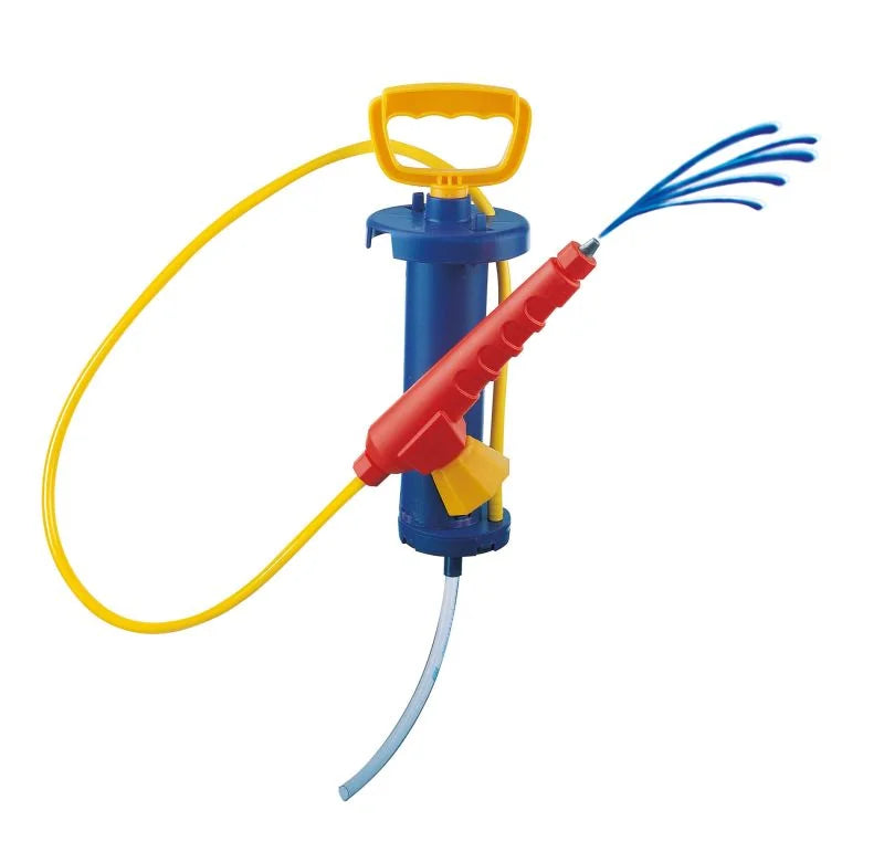 Blue Rolly water pump with red handle, yellow nozzle and flexible hose shown on a white background
