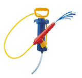 Close up of the Rolly pump showing the blue cylinder, red handle and yellow spray nozzle on a white background