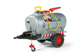 Grey Rolly tanker trailer with pump, hose and jockey wheel shown on a white background