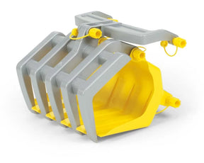 Grey and yellow Rolly Timber Loader attachment displayed on a white background
