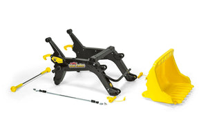 Rolly Trac loader frame with black lifting arms and bright yellow bucket displayed on a white background