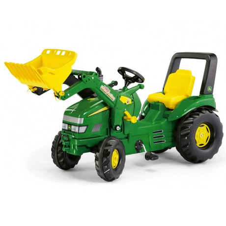 Rolly X-Trac John Deere pedal tractor with raised yellow front loader, yellow seat and four black tyres 