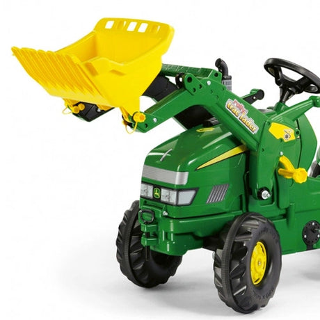Rolly X-Trac John Deere pedal tractor with raised yellow loader bucket, steering wheel and front tyres