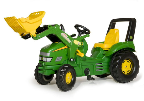 Rolly X-Trac John Deere pedal tractor with raised yellow front loader, yellow seat and black rollover bar