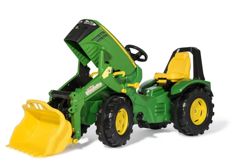 Rolly X Trac John Deere toy tractor with the front hood open showing the storage tray on a white background