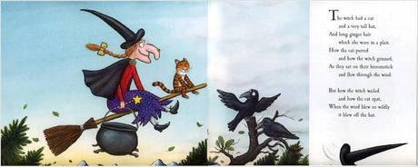 Illustration of witch flying with friends on her broomstick in Room on the Broom in Ireland