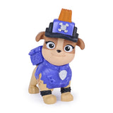 Mix figure wearing a purple construction uniform and matching cap with a silver paw badge