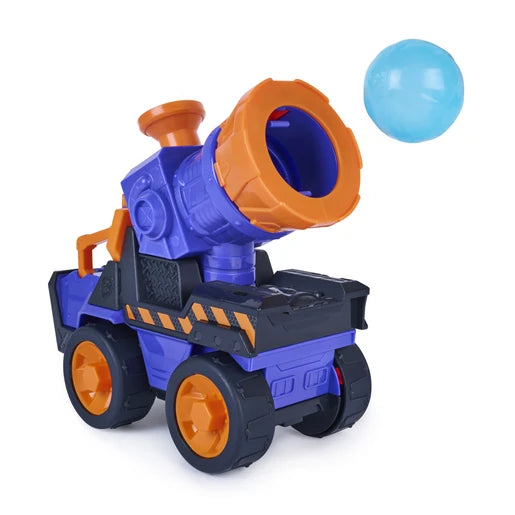 Purple and orange Mix's Mega Blaster Vehicle firing the translucent blue ball from the rear mounted launcher