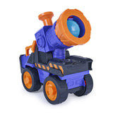 Rear side view of Mix's purple construction vehicle with orange wheels and a translucent blue ball loaded inside the raised blaster