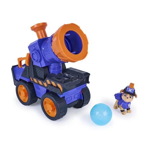 Purple and orange Mix's Mega Blaster Vehicle with the blaster mounted at the rear, translucent blue ball projectile and Mix figure