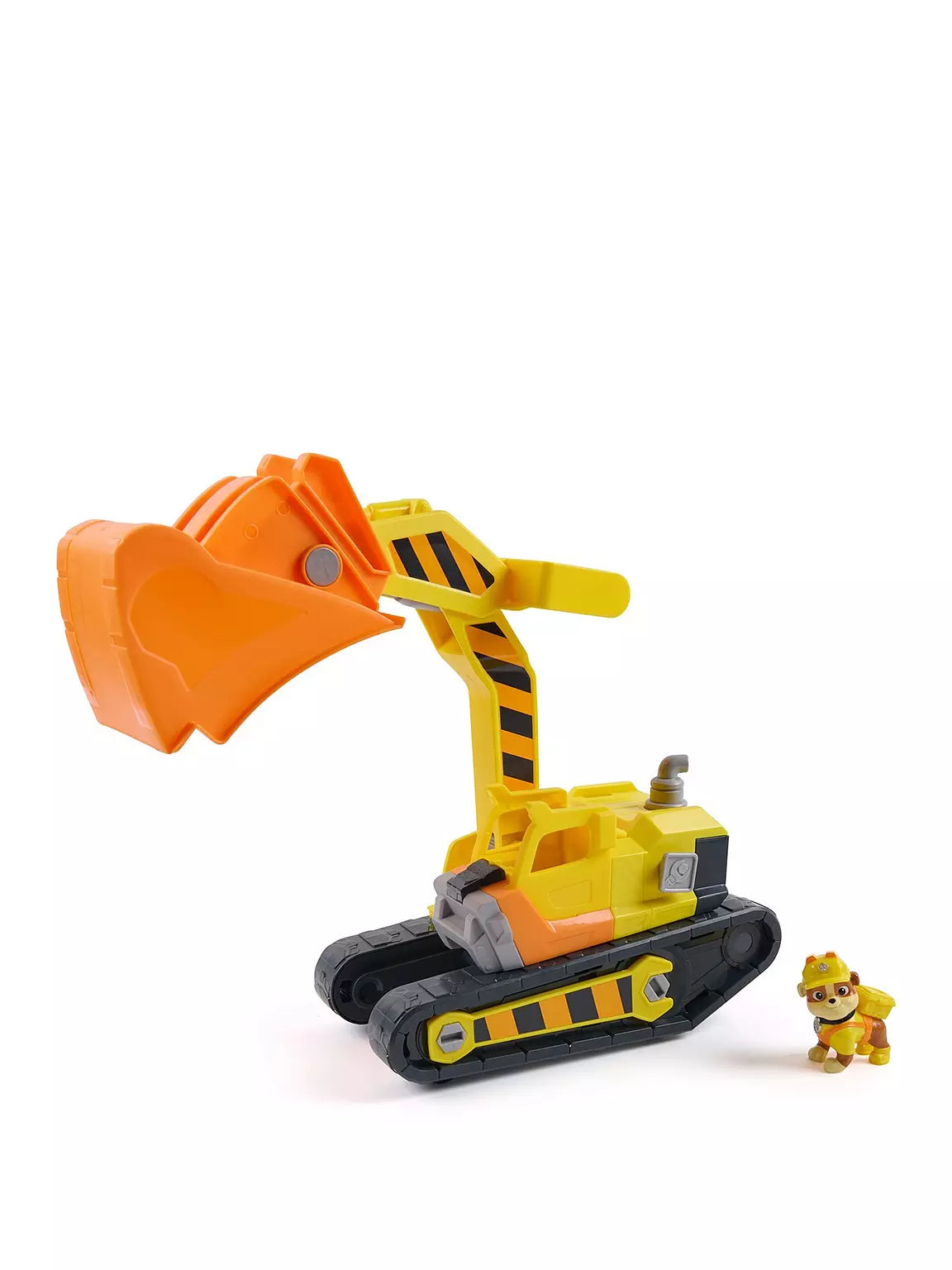 Rubble & Crew Rubble’s Deluxe Tools Vehicle shown with Rubble figure beside the bulldozer