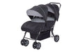 Safety 1st Teamy black tandem stroller front angle view with two canopies and covered seats