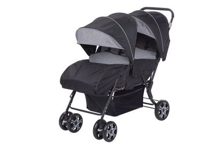 Safety 1st Teamy black tandem stroller front angle view with two canopies and covered seats