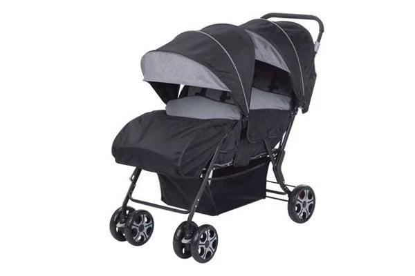 Safety 1st Teamy black tandem stroller front angle view with two canopies and covered seats