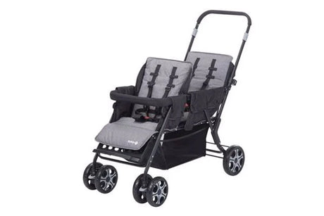 Safety 1st Teamy black tandem stroller front angle view with two grey seats and harnesses