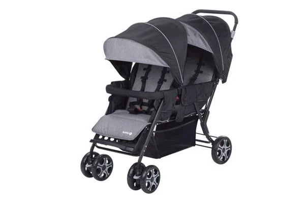 Safety 1st Teamy black tandem stroller front angle view with canopies, seats and harnesses