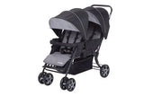 Safety 1st Teamy black tandem stroller front angle view with canopies, seats and harnesses