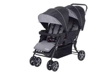 Safety 1st Teamy black tandem stroller front angle view with canopies, seats and harnesses