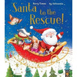 Cover of Santa to the Rescue picture book showing Santa flying in his sleigh with woodland animals
