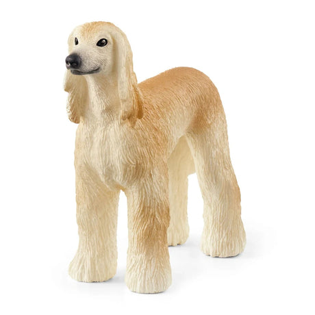 Schleich Afghan Hound figure with a long cream coat, black nose, dark eyes and long hair around the ears