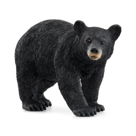 Schleich American Black Bear figure with a black textured coat, tan muzzle, brown eyes and visible claws.