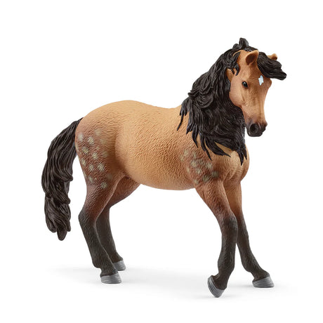 Schleich Andalusian Mare figure with a fawn coat, black mane and tail, white forehead marking and one front hoof raised.