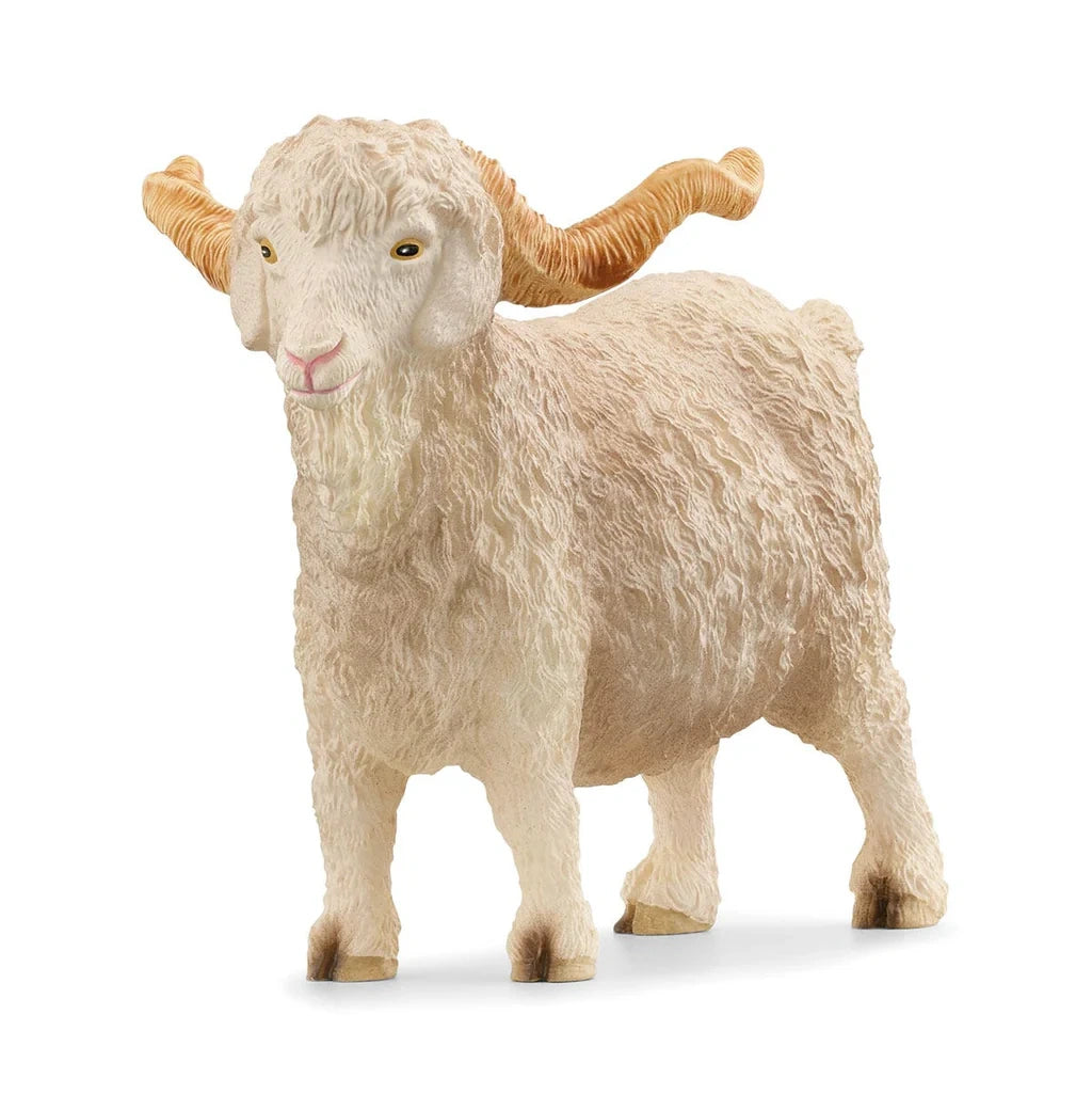 Schleich Angora Goat figure with long tan horns curving outwards, a pale face and dark eyes