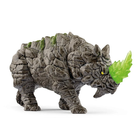 Schleich Battle Rhino figure in a front three-quarter view with a lowered head, translucent green horn and rock-textured grey body