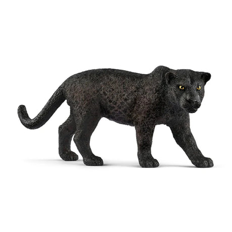 Schleich Black Panther figure in a walking pose, showing its dark spotted coat and raised front paw