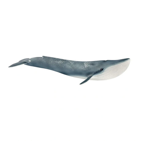Schleich Blue Whale figure in a left-facing side view showing its speckled blue-grey back and white ridged underside
