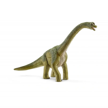 Schleich Brachiosaurus figure in a front three-quarter view with a long upright neck, green textured body and open mouth