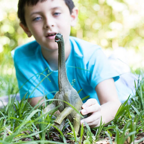 Front view of the Schleich Brachiosaurus figure standing in grass with a child behind it