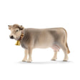 Schleich Braunvieh Cow figure shown from the side wearing a brown collar with a brass-coloured bell