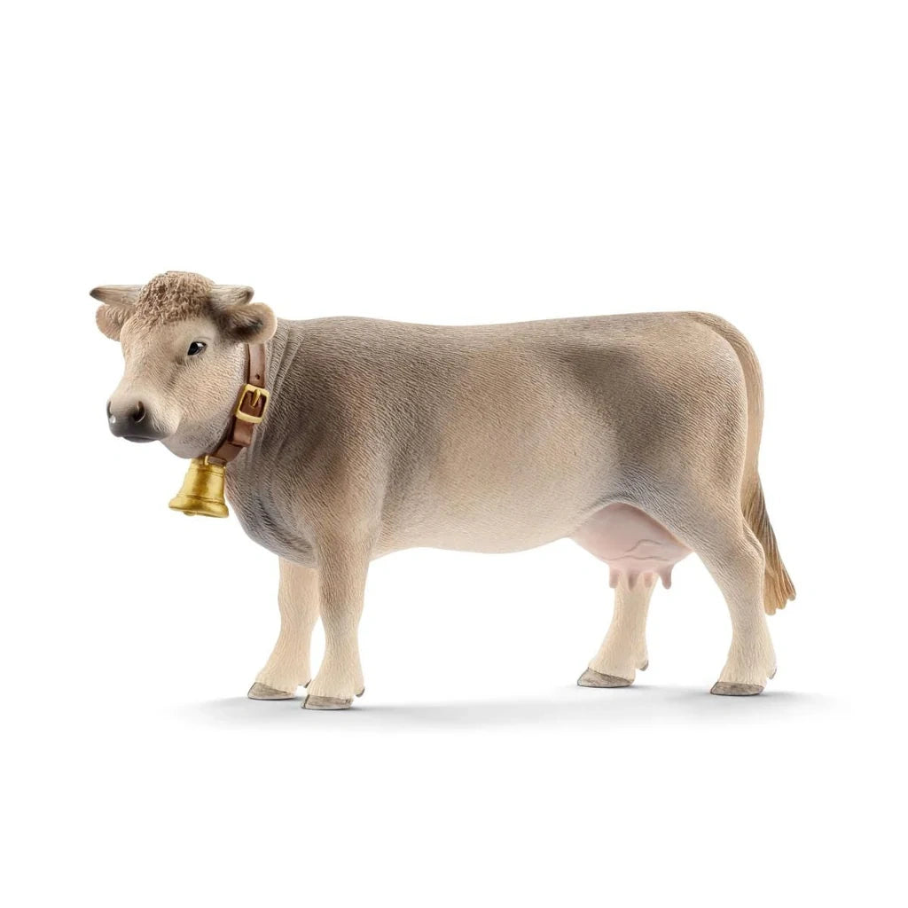 Schleich Braunvieh Cow figure shown from the side wearing a brown collar with a brass-coloured bell
