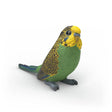 Schleich Budgie 14939 front right view showing the yellow head, green chest, patterned wings and long tail