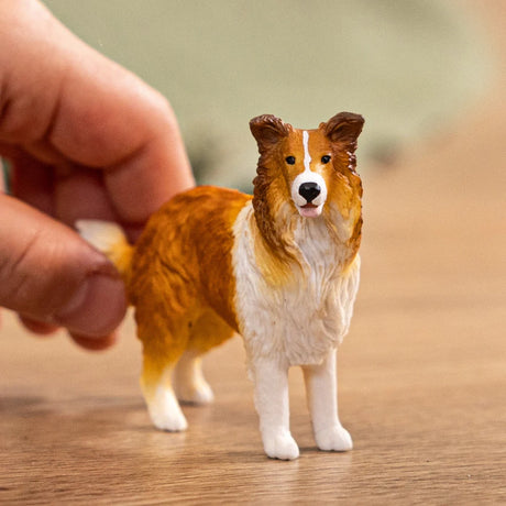 Schleich Collie figure standing on a wooden surface while a hand holds its raised white-tipped tail