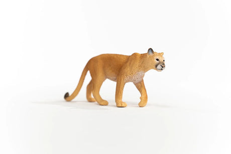 Schleich Cougar figure with rounded dark-tipped ears, a pale muzzle, textured tan coat and long tail.