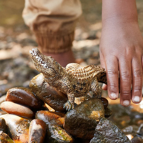 Schleich Crocodile figure standing on wet river rocks with its head raised and teeth visible.