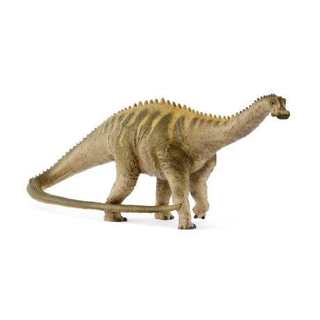 Left side view of the Schleich Diplodocus figure showing its striped body, ridged back and raised front foot