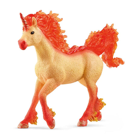 Schleich Elementa Fire Unicorn Stallion figure in side view with an orange flame-like mane, flowing tail and red glittered hooves