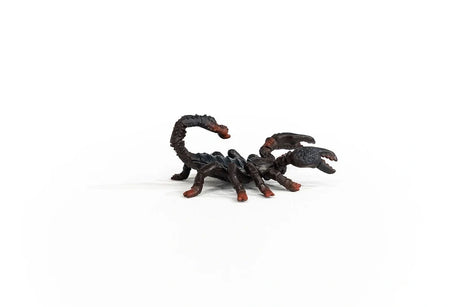 Schleich Emperor Scorpion figure shown from the right side with one open pincer, a curved tail and red brown feet