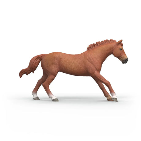 Schleich English Thoroughbred Stallion figure shown from the right side with brown coat, raised tail and white hoof markings