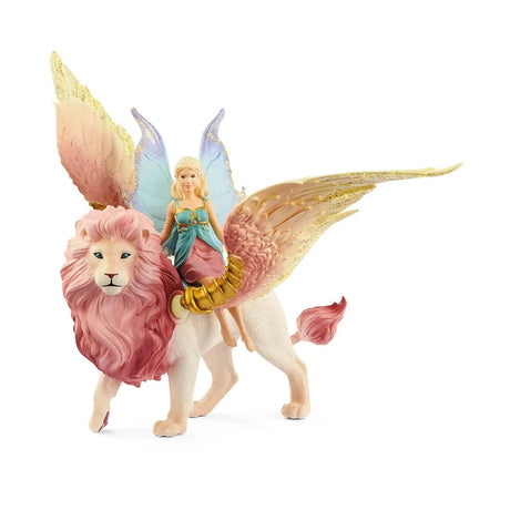 Schleich Fairy in Flight seated on the cream winged lion with a pink mane, gold harness and raised pink and gold wings