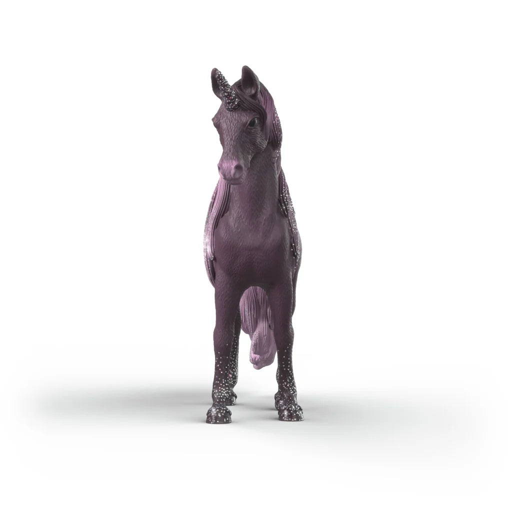 Schleich Galaxy Rainbow Unicorn Mare 70842 front view showing the horn, purple face, mane and front legs