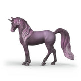 Schleich Galaxy Rainbow Unicorn Mare 70842 left side view showing the purple coat, sparkling mane, horn and long tail