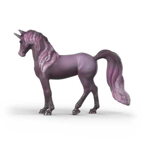 Schleich Galaxy Rainbow Unicorn Mare 70842 left side view showing the purple coat, sparkling mane, horn and long tail