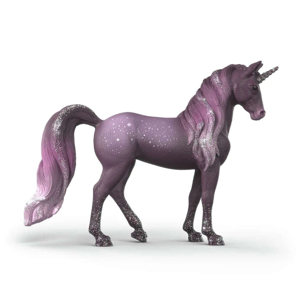 Schleich Galaxy Rainbow Unicorn Mare 70842 right side view showing the star markings, purple mane, horn and long tail 