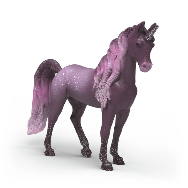 Schleich Galaxy Rainbow Unicorn Mare 70842 three quarter view showing the purple body, sparkling mane, horn, star markings and long tail